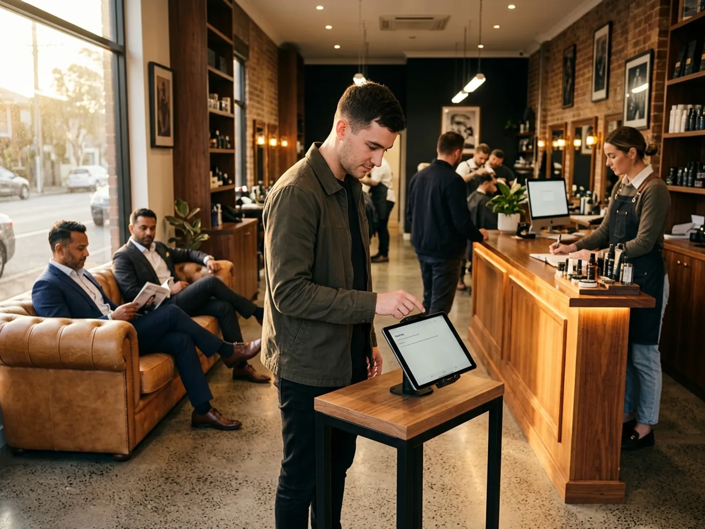A busy modern barbershop with clients in chairs and a queue forming at the door.