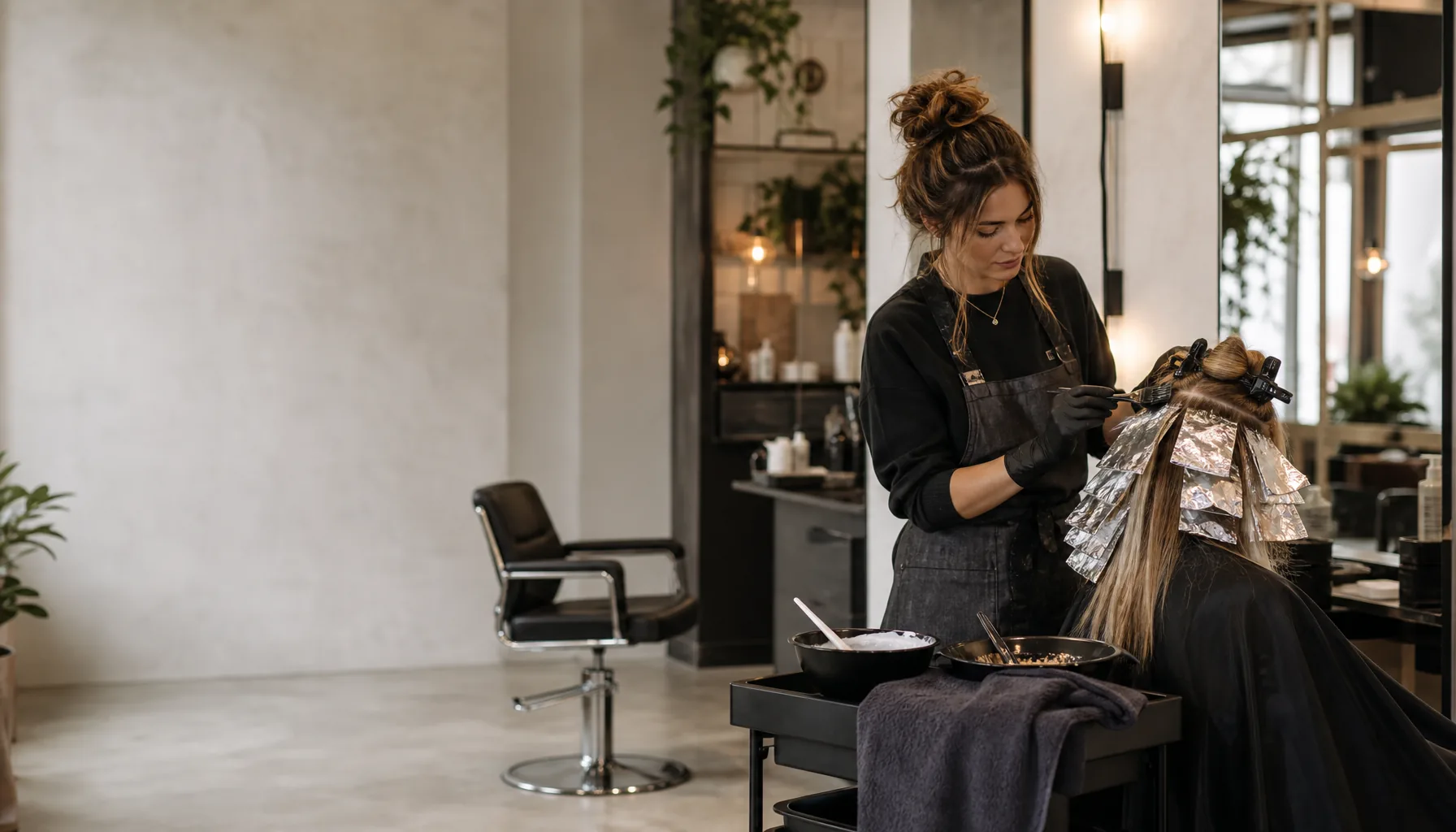 A modern Australian salon interior with stylists working and an open chair ready for the next client.
