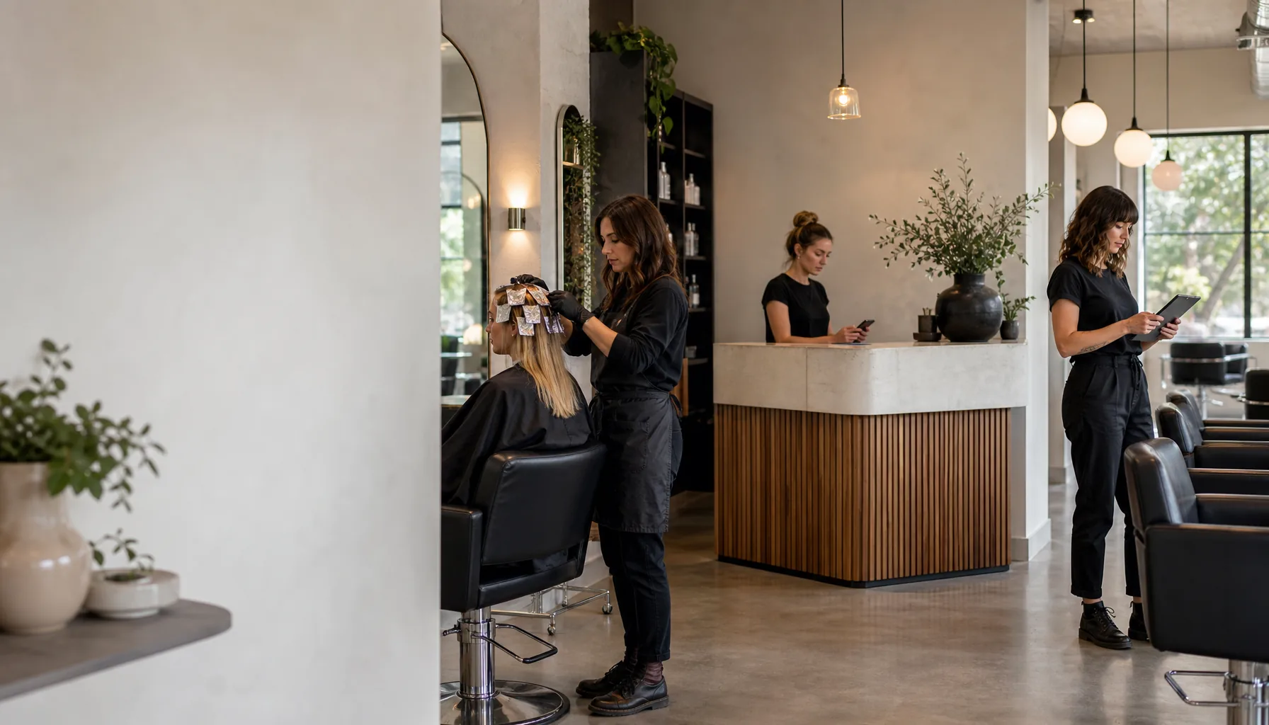 A modern salon with a colour appointment in progress, reception desk, and empty chairs.