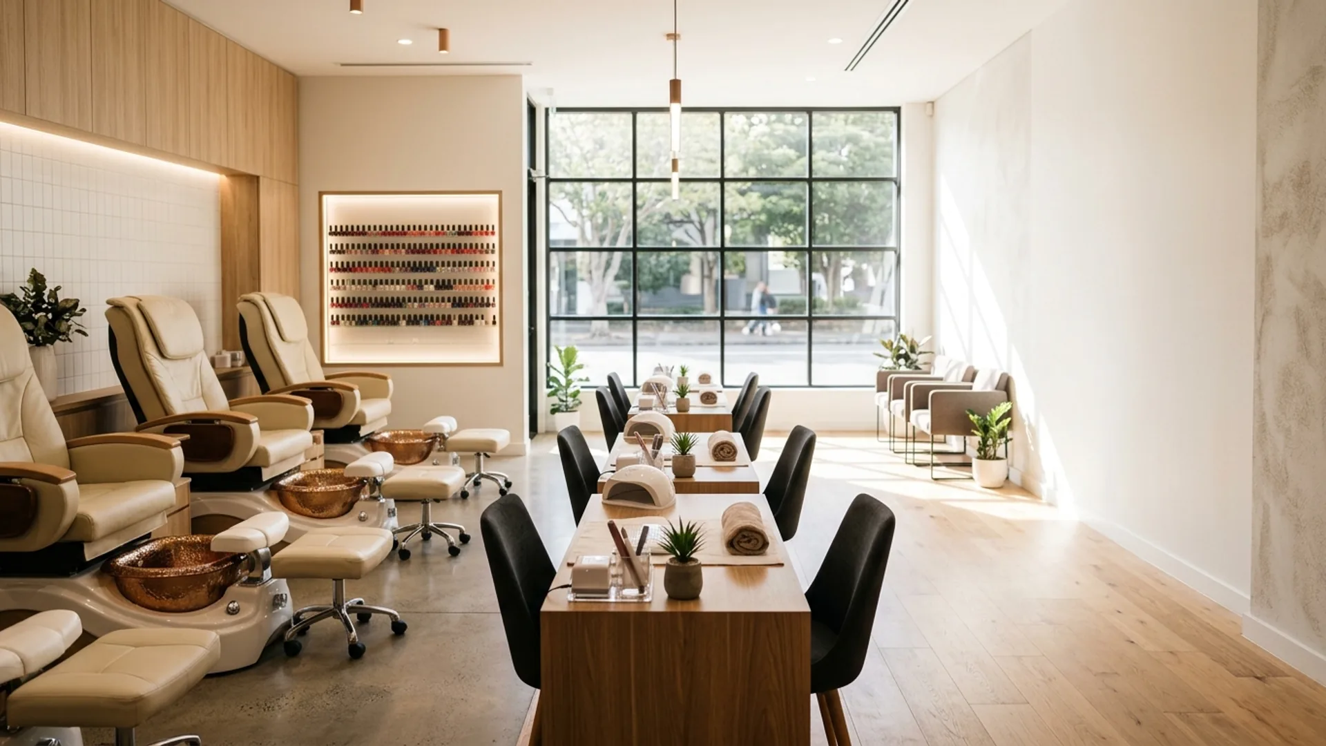 A modern nail salon with pedi chairs along one wall and manicure tables across the floor.