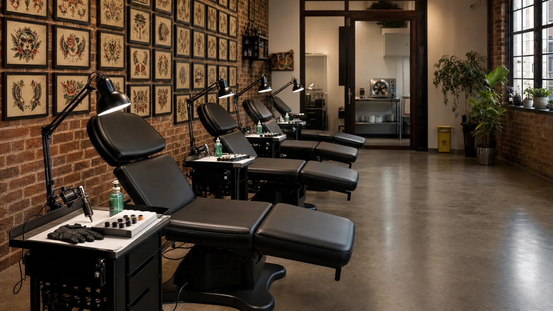 A modern tattoo studio with stations along one wall and a private room for big pieces.